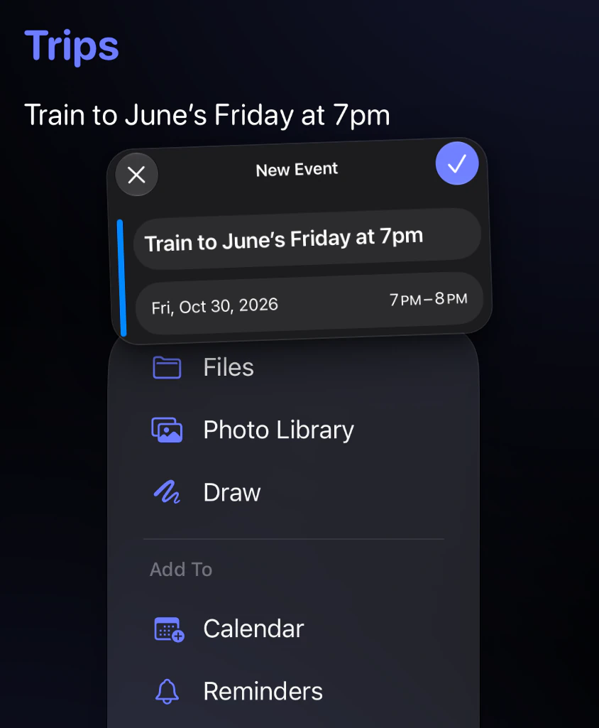 The note “Train to June’s Friday at 7pm” in Jot with the Attach menu open on Add To: Calendar and Reminders, and Apple’s New Event screen filled in from it for Friday, October 30, 7 to 8 PM.