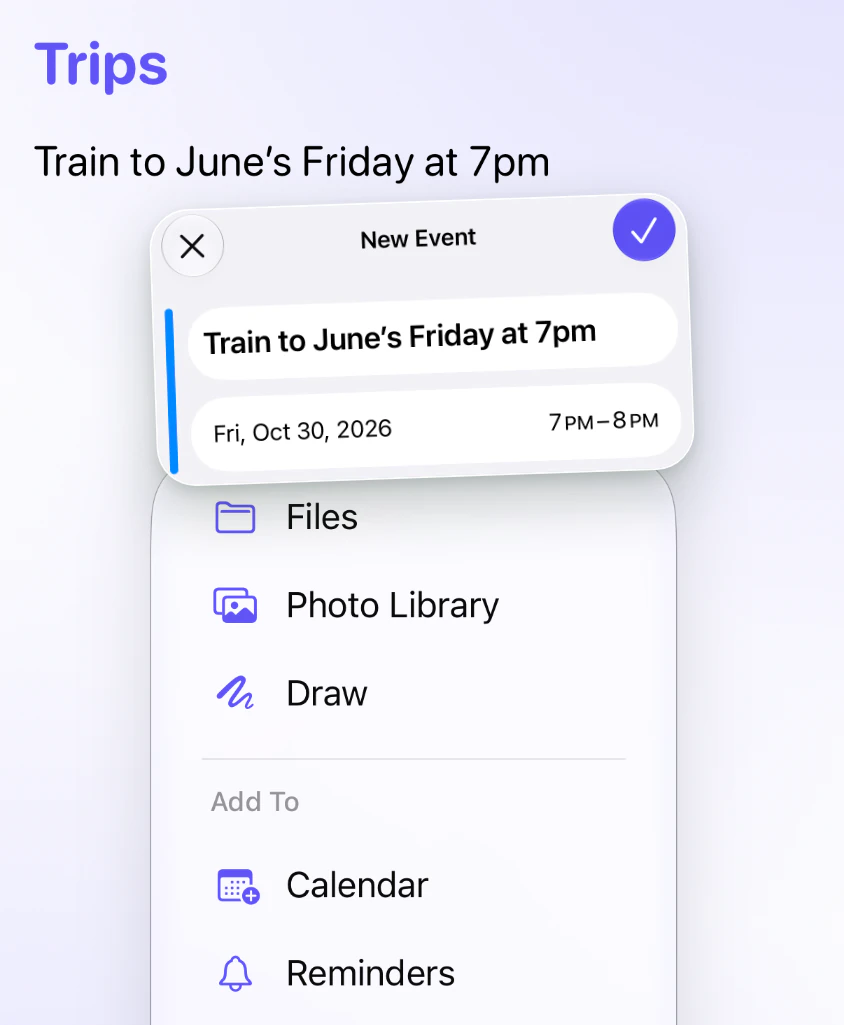 The note “Train to June’s Friday at 7pm” in Jot with the Attach menu open on Add To: Calendar and Reminders, and Apple’s New Event screen filled in from it for Friday, October 30, 7 to 8 PM.