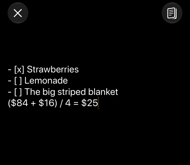 A picnic checklist with its first item ticked, then ($84 + $16) / 4 = $25, with the answer added by Jot.