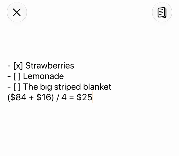 A picnic checklist with its first item ticked, then ($84 + $16) / 4 = $25, with the answer added by Jot.