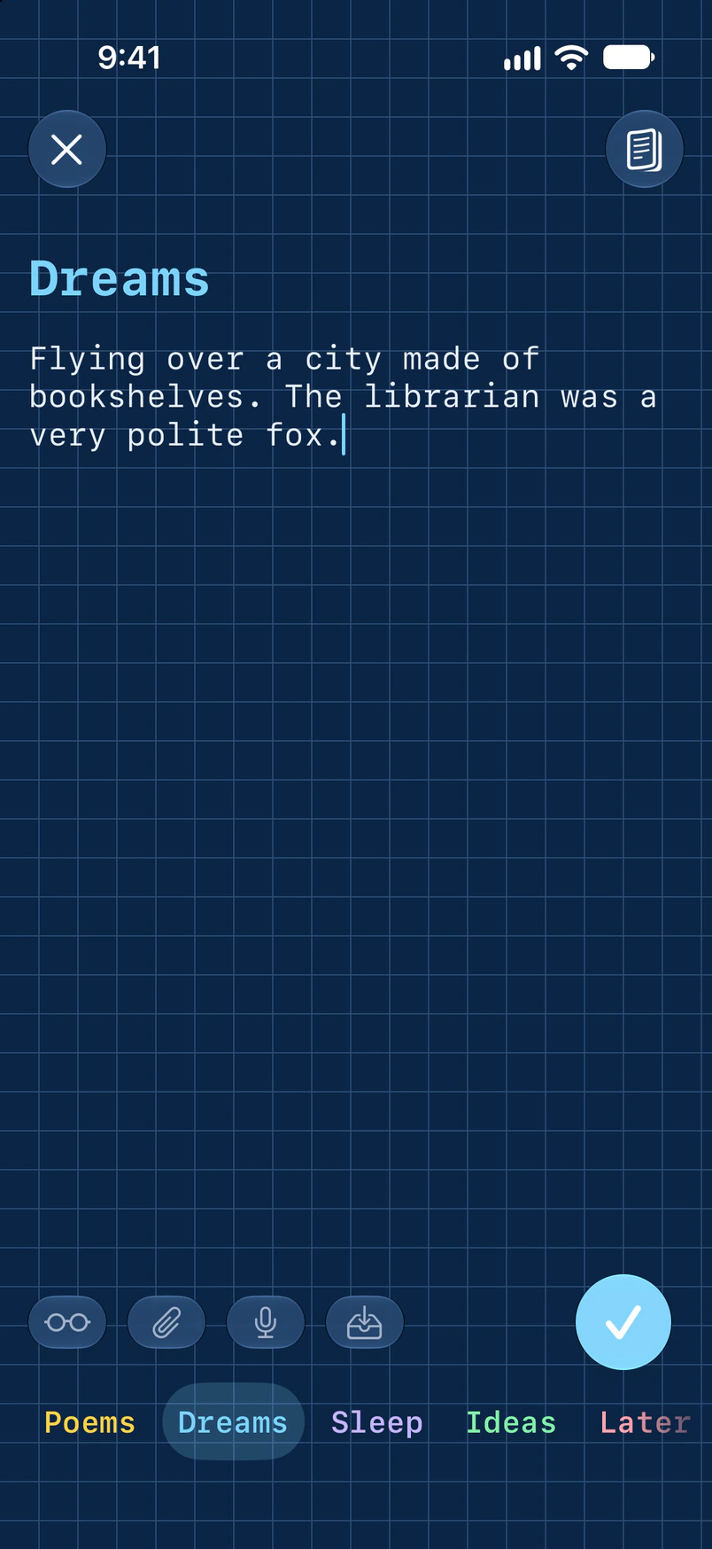 A dream written down in monospaced type on dark blueprint grid paper.
