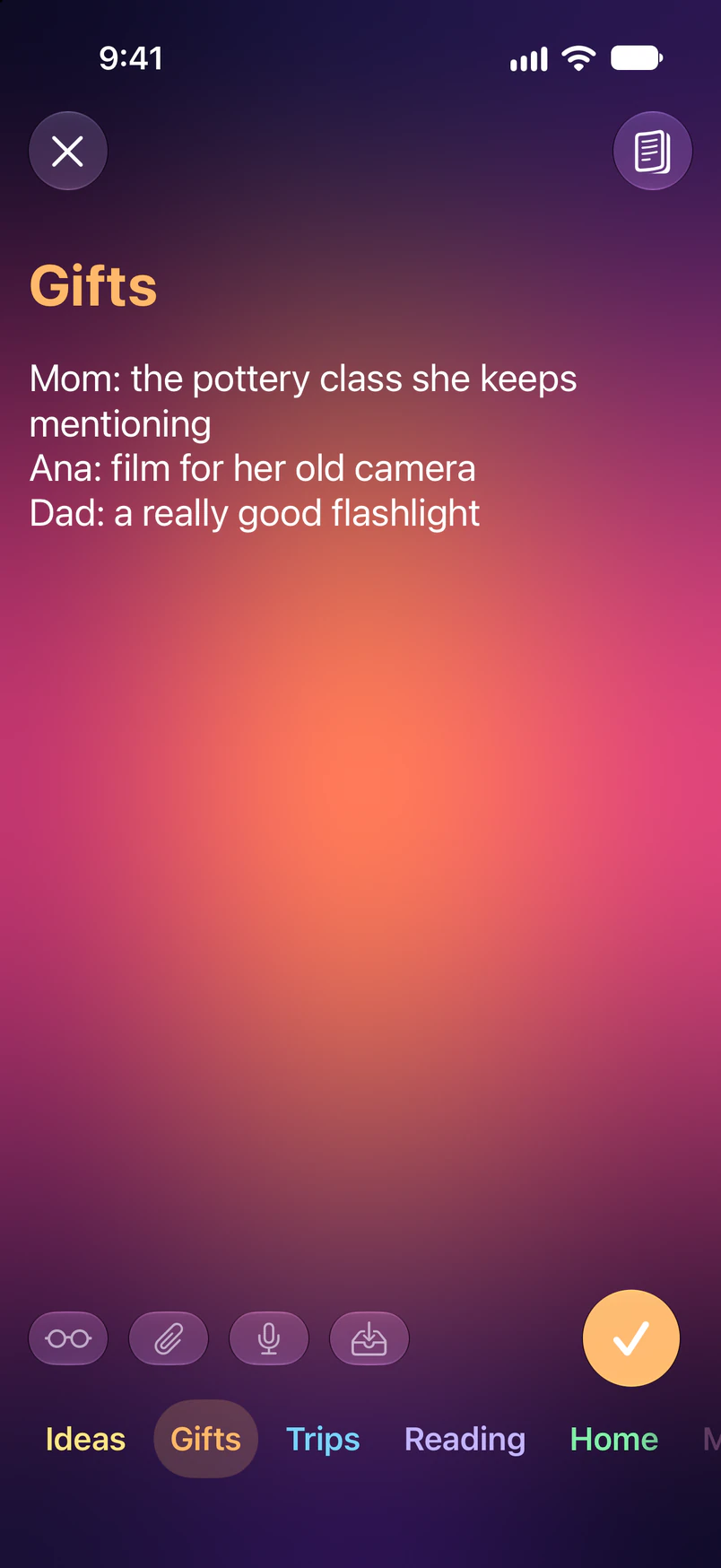 A list of gift ideas in white on a sunset gradient of violet, pink and orange.